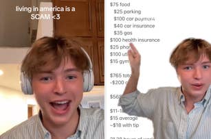 Young person with headphones discussing living expenses, text lists common American costs like food, insurance, and rent
