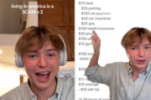 Young person with headphones discussing living expenses, text lists common American costs like food, insurance, and rent