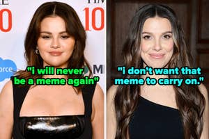 Split image of Selena Gomez and Hailee Steinfeld with quotes about not wanting to be memes