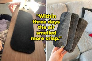 Two images of a ceiling fan carbon filter with reviewer quote on the image "within three days the air smelled more crisp"
