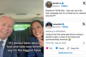 Joe Biden and Kamala Harris sitting in a car smiling; a separate image shows a social media post about a voter app concern