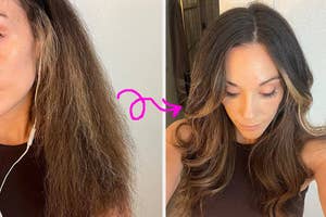 Before and after photos of a reviewer's hair before and after using oil treatment