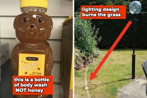 A bear-shaped body wash bottle and a distorted lawn due to a streetlight's focused sunlight