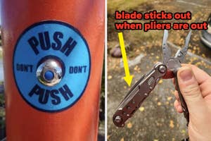 Button on post with confusing instruction; multitool with exposed blade when pliers are used