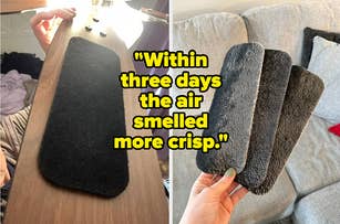 Two images of a ceiling fan carbon filter with reviewer quote on the image "within three days the air smelled more crisp"
