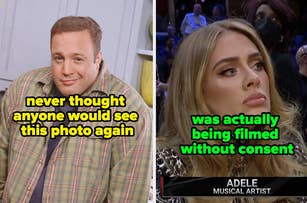 Left: Man in a plaid shirt, surprised expression. Right: Adele, shocked, with caption about filming without consent