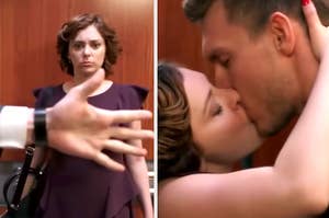 a man sticking his hand in an elevator to hold the door and a woman watching him; then the man and woman kissing