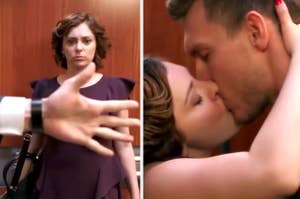 a man sticking his hand in an elevator to hold the door and a woman watching him; then the man and woman kissing