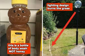 A bear-shaped body wash bottle and a distorted lawn due to a streetlight's focused sunlight