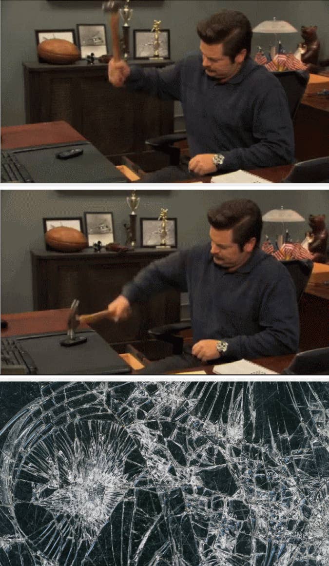 Screenshots from &quot;Parks and Recreation&quot; of Ron Swanson destroying his phone