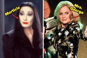 Morticia from The Addams Family and Mrs. George from Mean Girls side by side, text on left: Morticia with a red arrow, text on right: Mrs. George with a red arrow