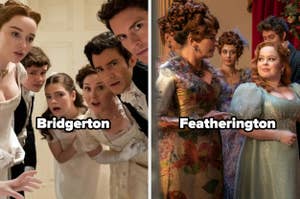 Fotografía dividida mostrando dos escenas de 'Bridgerton', una con la familia Bridgerton y otra con la familia Featherington