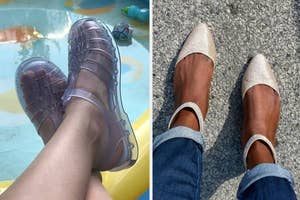 Two different styles of shoes, one casual transparent sandal and one elegant pointed slingback flat