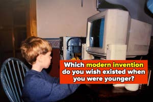Child sitting at a desk focused on an old computer monitor with a question about modern inventions onscreen