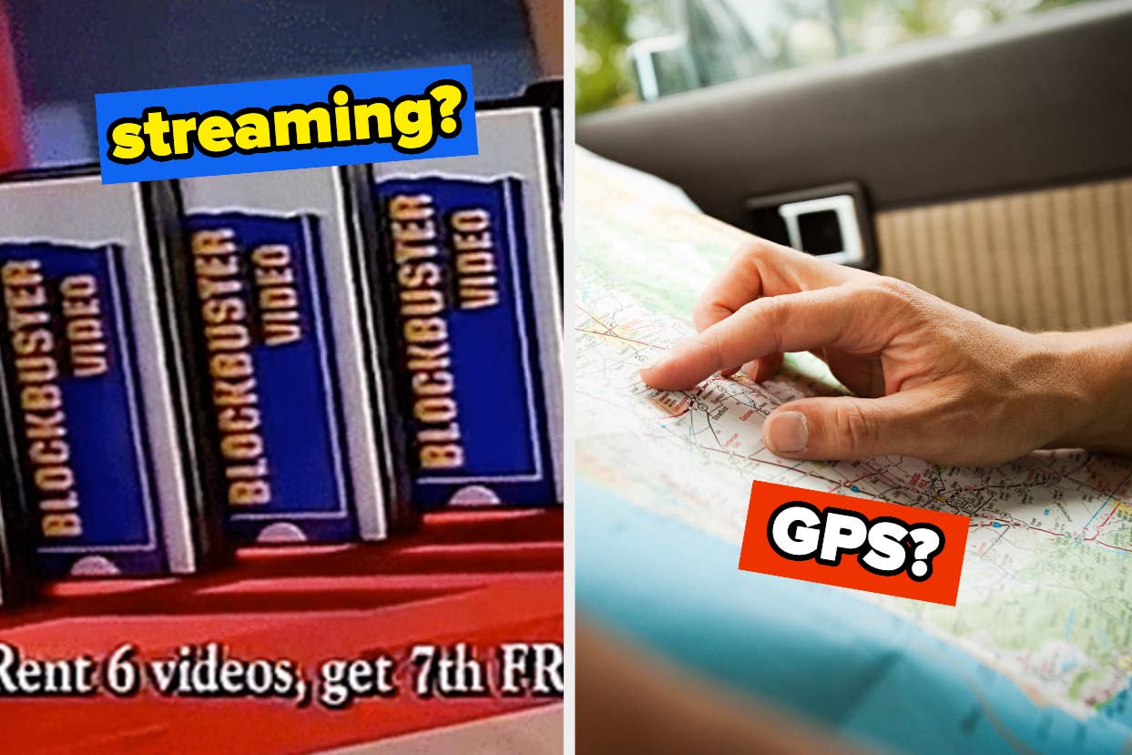 Split image: left side shows Blockbuster video cases with "streaming?" text, right side depicts a hand on a paper map with "GPS?" text