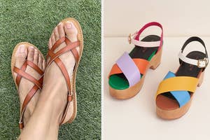Two photos side-by-side showing a pair of brown strappy sandals on feet and colorful platform sandals