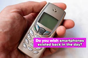 Hand holding an old mobile phone with text "Do you wish smartphones existed back in the day?"