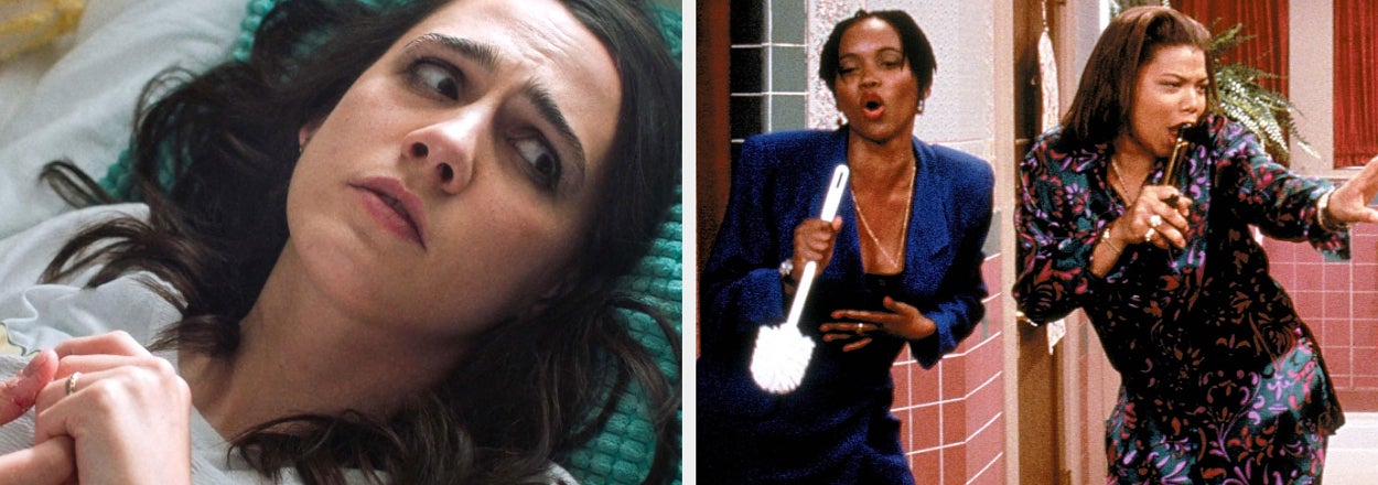 Split image of two scenes: Left, character lying in bed looking stressed. Right, two characters in patterned outfits singing