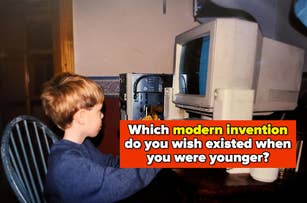 Child sitting at a desk focused on an old computer monitor with a question about modern inventions onscreen