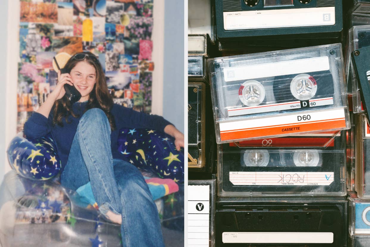 Teen sitting with phone, surrounded by photos; adjacent image of several cassette tapes