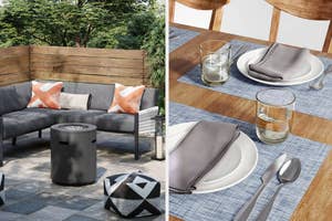 round metal fire column next to outdoor couch, denim-inspired placemats with glasses, plates, and utensils