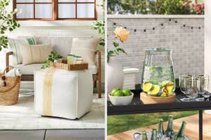 outdoor patio table, chair, and square pouf, drink dispenser with lemon water and glasses