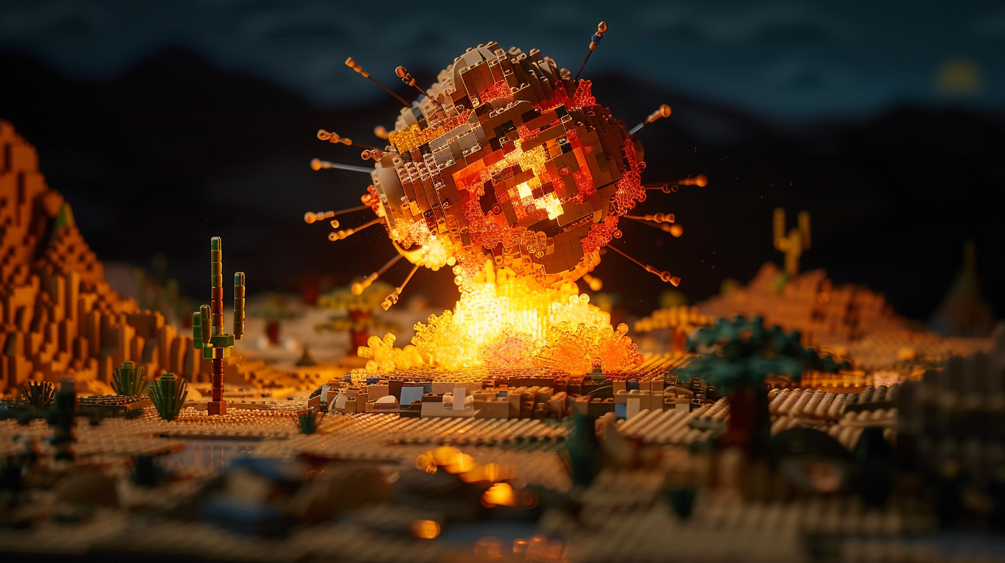 A LEGO structure resembling an atomic bomb explosion in the New Mexico desert