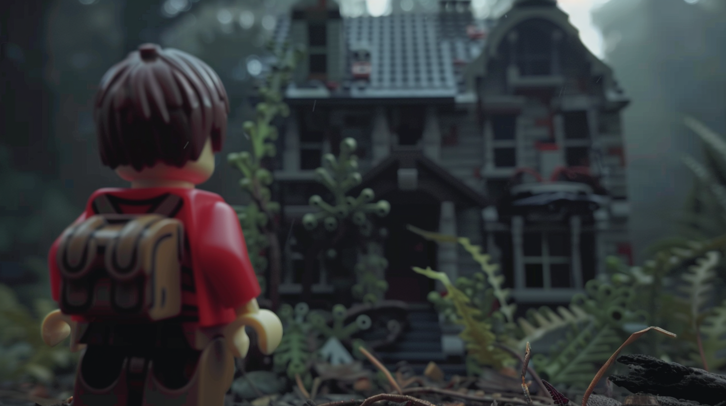 Lego figure with backpack stands facing a brick-built spooky house surrounded by plants
