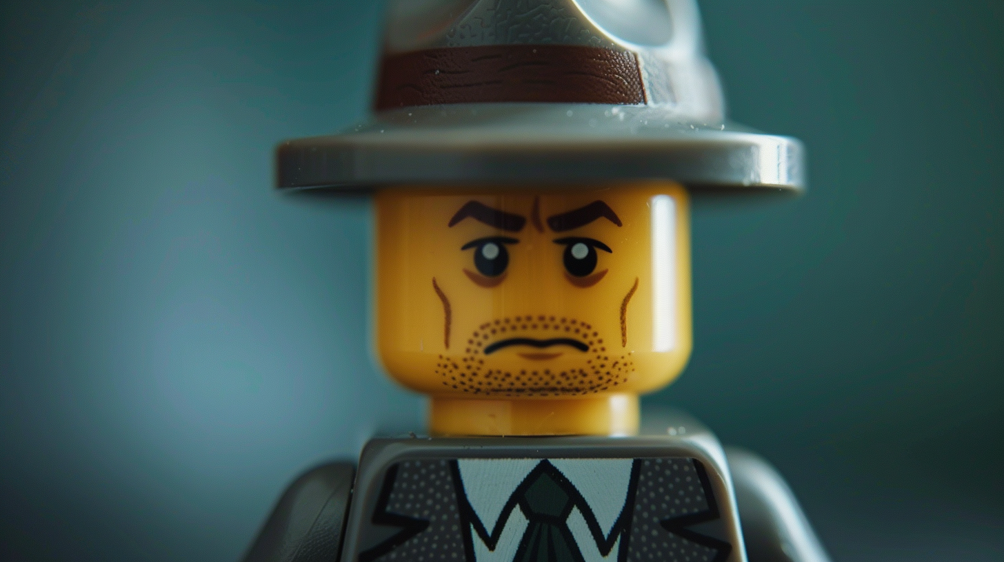 Close-up of a LEGO minifigure resembling Oppenheimer, appearing pensive or serious