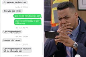 Meme format image with a text conversation and a man looking confused while checking his phone