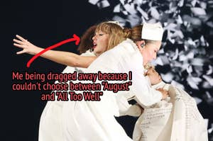 Person being humorously 'dragged away' with a text overlay about difficulty choosing between two Taylor Swift songs