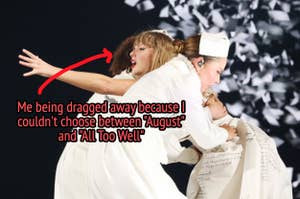 Person being humorously 'dragged away' with a text overlay about difficulty choosing between two Taylor Swift songs