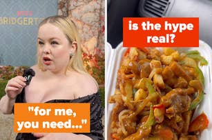 Side-by-side images: Left shows an actress in an off-shoulder dress speaking into a microphone. Right holds a plate of sauced cuisine with text overlay