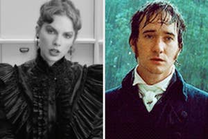 Split image; left, Taylor Swift; right, character Mr. Darcy from Pride & Prejudice
