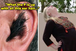 Close-up of an ear with overgrown hair and a woman laughing with her hand on her hip. Text: "What the F is up with all this ear hair..."