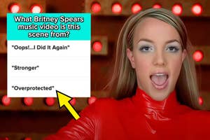 Britney Spears in a red outfit from a music video with a quiz question overlay asking to identify the song