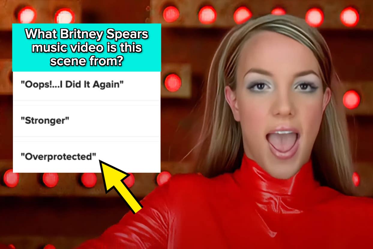 Britney Spears in a red outfit from a music video with a quiz question overlay asking to identify the song