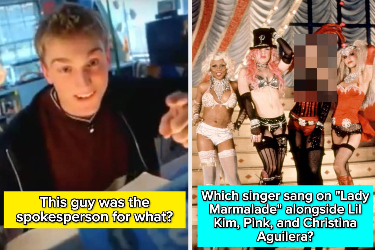 Left: A man holding a microphone. Right: Performers on stage, excluding Pink, Lil' Kim, and Christina Aguilera