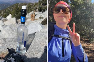 on the left a sawyer squeeze water filter on a water bottle, on the right a black diamond blue sun hoodie