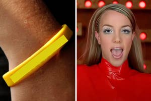 Split image: left side shows a yellow slap bracelet; right side, Britney Spears from music video