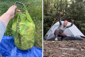 on the left a hand holding a Sea to Summit dry bag, on the right a nemo backpacking tent