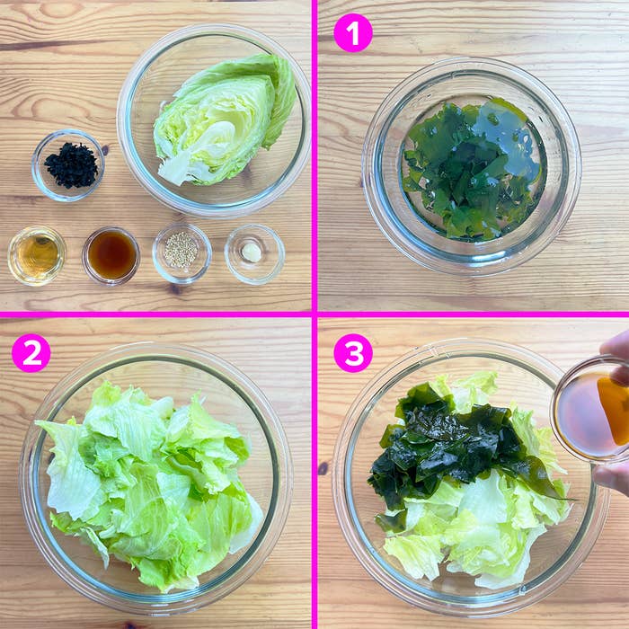 レタスとわかめのサラダの材料と作り方を示す4枚の画像