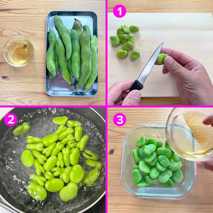 手順に従ってそら豆を調理している工程の写真です。