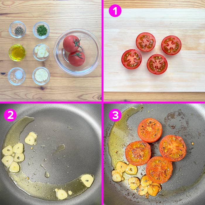 料理のステップを示す画像。上にはトマトと調味料、下はフライパンで野菜をソテーしている様子。