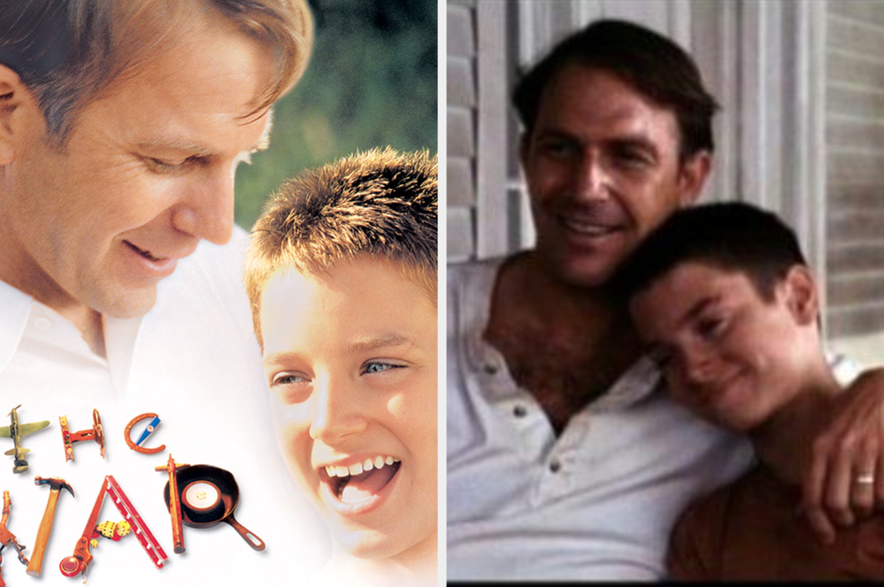 Movie poster for &quot;The War&quot; featuring Kevin Costner, beside a still of Costner and Elijah Wood as father and son
