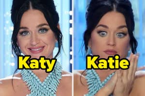 Photo split in two; left side shows Katy Perry smiling, right side shows her with a shocked expression. She wears a beaded necklace