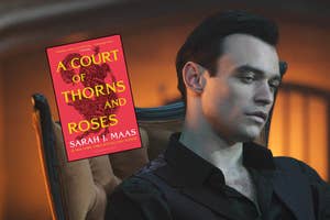 Thomas Doherty in a black shirt with "A Court of Thorns and Roses" book cover overlay