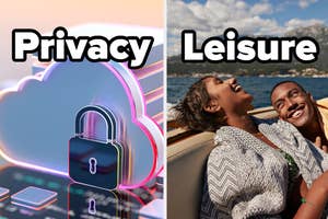 Split image: left shows a cloud with a padlock symbolizing privacy; right shows a joyful couple on a boat representing leisure
