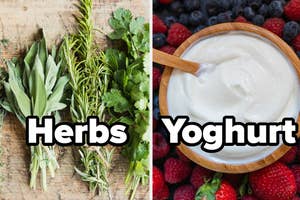 Various fresh herbs on the left and a bowl of yogurt surrounded by berries on the right, with the words "Herbs" and "Yoghurt" overlaying each half