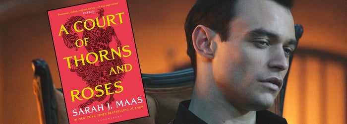 Thomas Doherty in a black shirt with "A Court of Thorns and Roses" book cover overlay